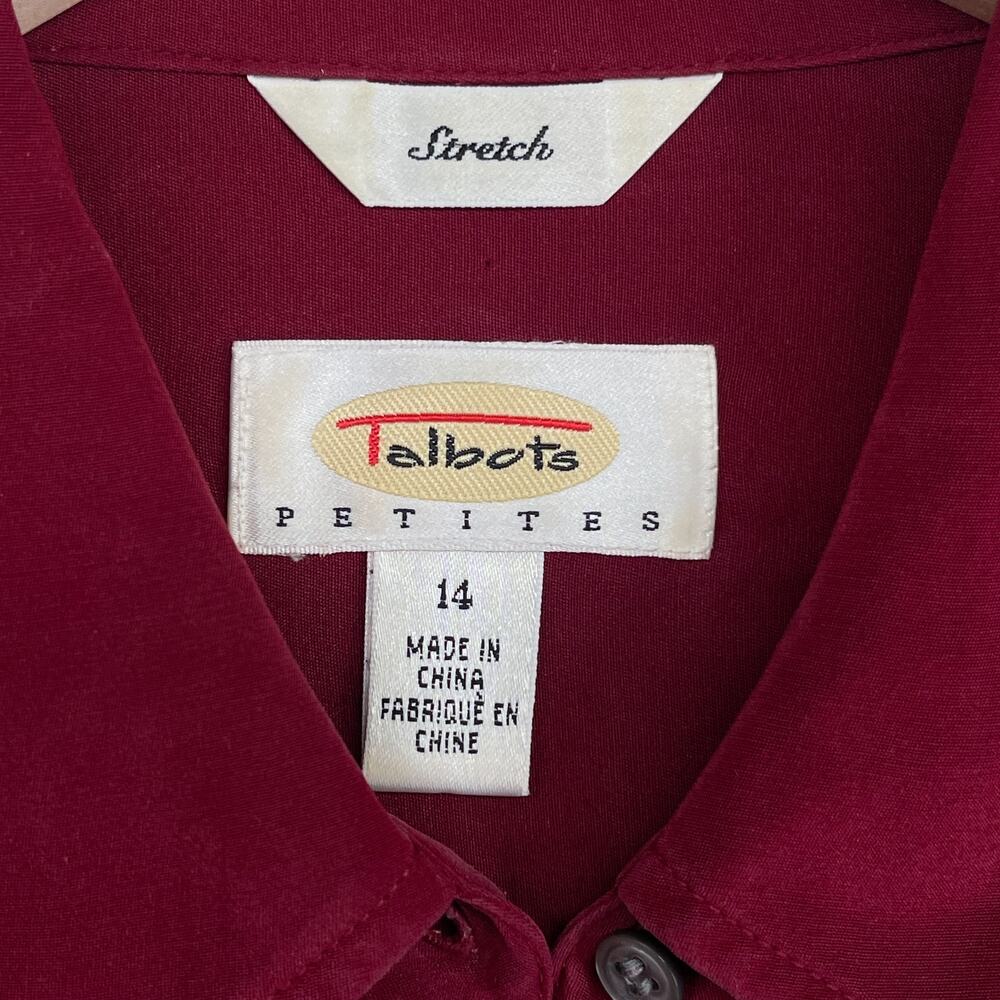 TALBOTS Top 14 Petite Stretch Silk Shirt Blouse Button Up Long Sleeve Red Vtg - Picture 5 of 11